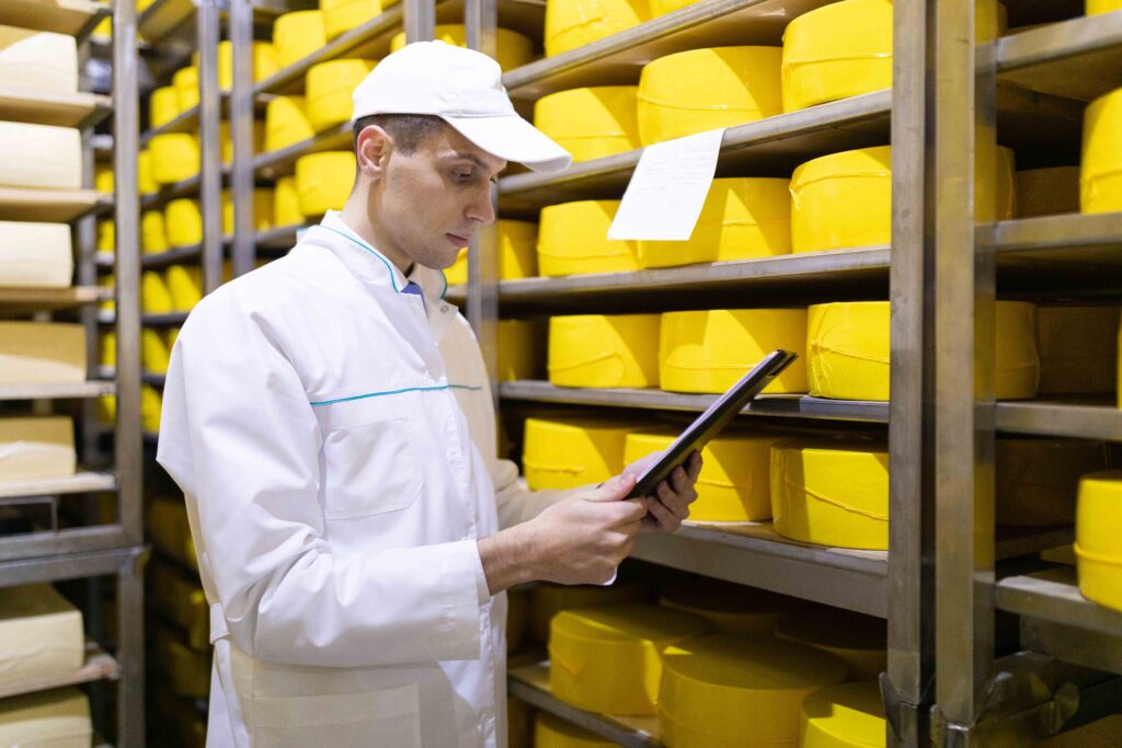 Ein Milchtechnologe beim kontrollieren vom Käselager.