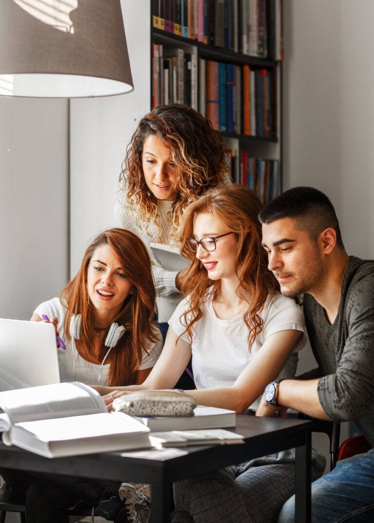 Group Of Students Study In The School Campus Library.Learning And Preparing For University Exam.